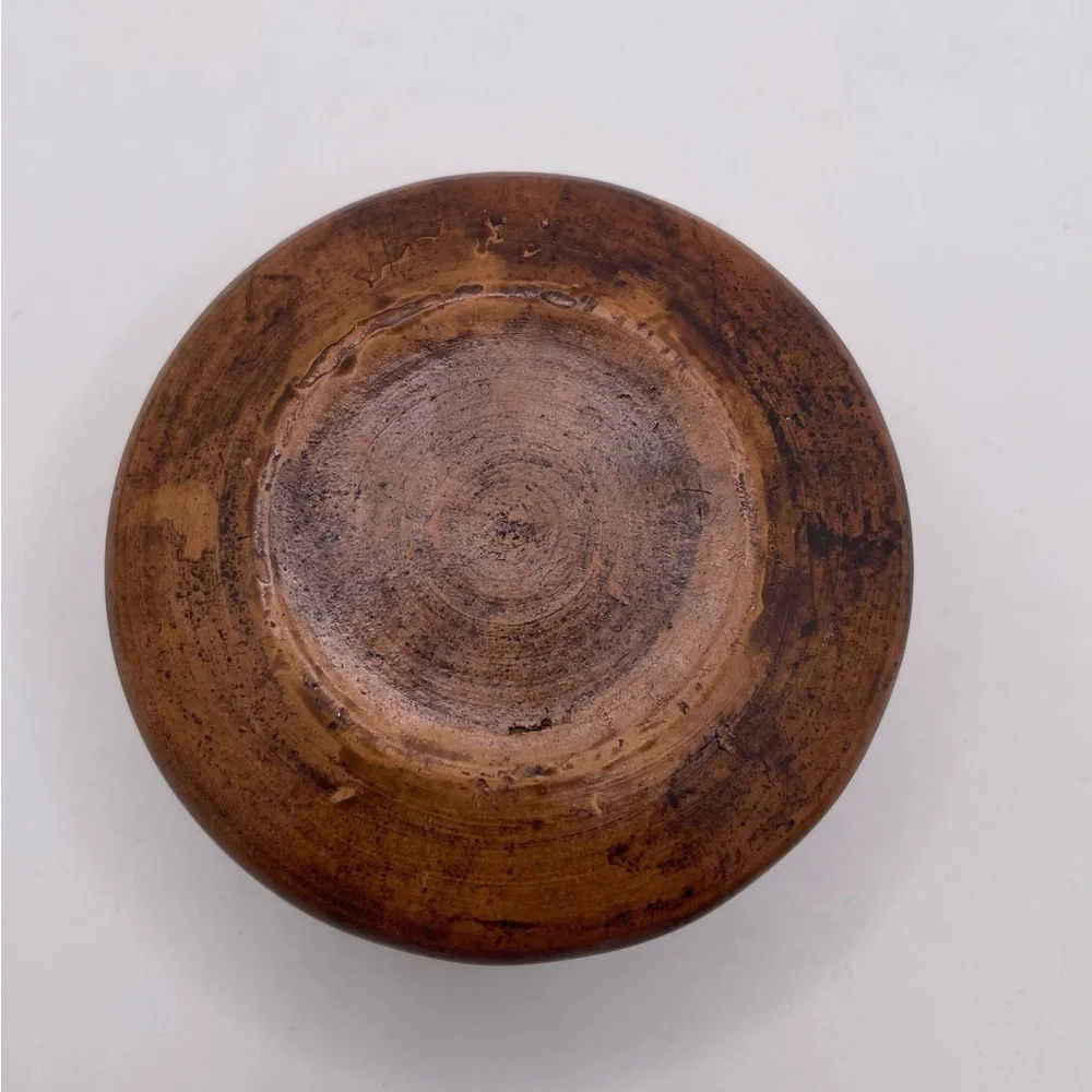 Round Clay Pottery  Trinket Box w/ Lid, Metal Tribal Inlays, Brown/Gold 3” x 2”